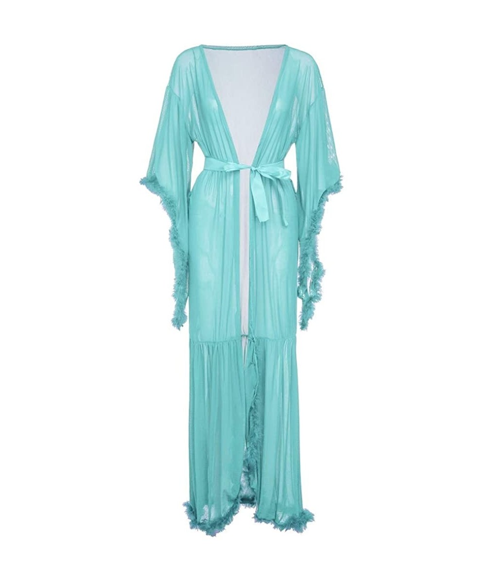 Nightgowns & Sleepshirts Women Long Nightdress Lingerie Nightgown Sleepwear Sexy Translucent Robe Coat Kimono - Green - CE18N...