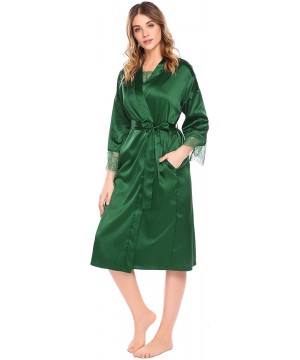 Sets Women's 3 Piece Pajama Set Satin Kimono Robe Lace Sleepwear Cami Pj Top and Shorts - Green - CM189HOGYHR