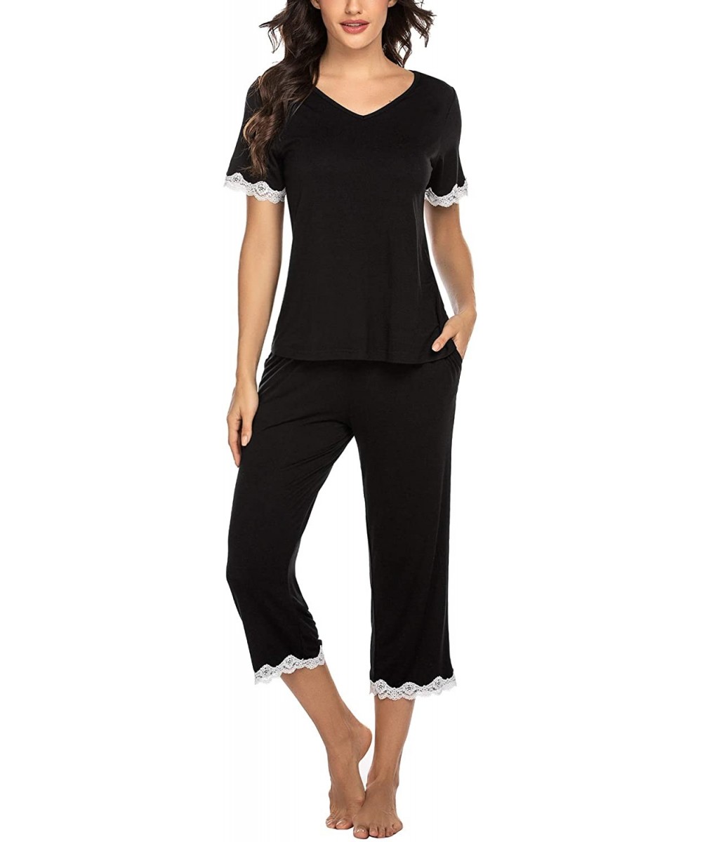 Sets Women's Pajamas Set Lace Short Sleeve Sleepwear Top with Capri Pants Pjs Sets - Black - C7192R67CE5