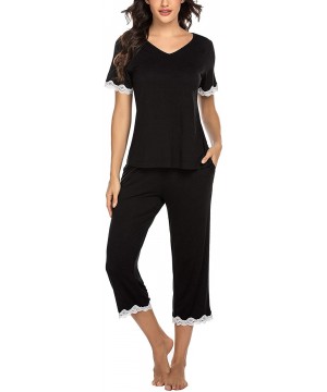 Sets Women's Pajamas Set Lace Short Sleeve Sleepwear Top with Capri Pants Pjs Sets - Black - C7192R67CE5