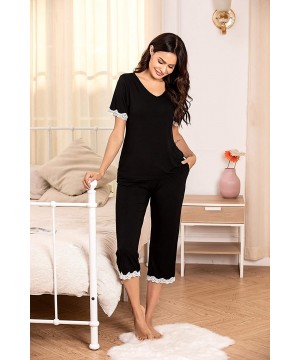 Sets Women's Pajamas Set Lace Short Sleeve Sleepwear Top with Capri Pants Pjs Sets - Black - C7192R67CE5