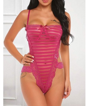 Baby Dolls & Chemises Women One Piece Babydoll Hollow Out Deep V Neck Lace Outfits Sexy Lingeries - Wine Red - C718T5IGEYO