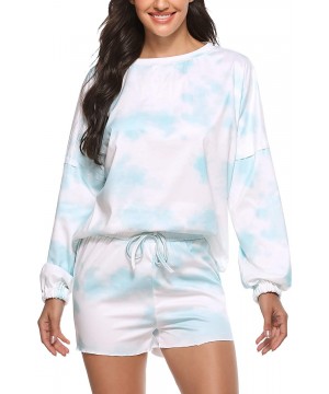 Sets Women Tie Dye Printed Shorts Pajamas Sets Ruffle Long Sleeve PJ Set Nightwear Loungewear Sleepwear - D Blue - CO198DO9YZE