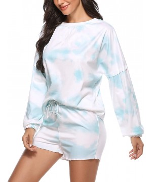 Sets Women Tie Dye Printed Shorts Pajamas Sets Ruffle Long Sleeve PJ Set Nightwear Loungewear Sleepwear - D Blue - CO198DO9YZE