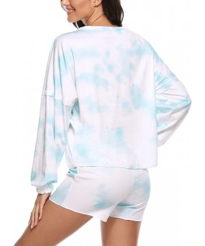 Sets Women Tie Dye Printed Shorts Pajamas Sets Ruffle Long Sleeve PJ Set Nightwear Loungewear Sleepwear - D Blue - CO198DO9YZE