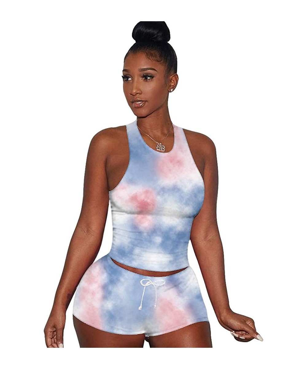 Sets Women Sexy 2 Piece Outfits Summer Sleeveless Racerback Tank Tops and Shorts Set Workout Sportswear - B Blue Pink - CV199...