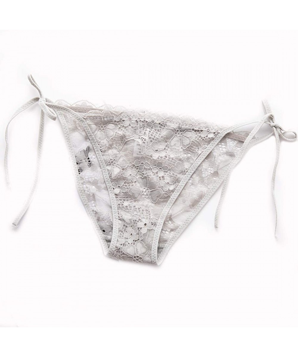 Panties Women's Side Tie Sheer Panties Wild Lace Bikini Adjustable G-String Underwear - Light Gray - C318W5ND4H2