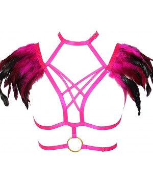 Bras Body Harness Feathers Women Strappy Epaulette Wing Punk Rave Burning Man - Rose Red - C818QC8QAZC