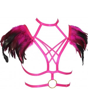 Bras Body Harness Feathers Women Strappy Epaulette Wing Punk Rave Burning Man - Rose Red - C818QC8QAZC