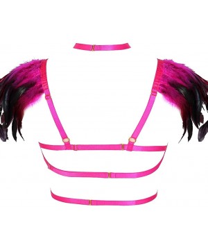 Bras Body Harness Feathers Women Strappy Epaulette Wing Punk Rave Burning Man - Rose Red - C818QC8QAZC