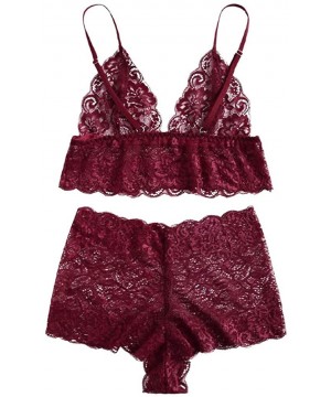 Shapewear Women Plus Size Eyelash Lace Babydoll Sexy Bra Lingerie Set - Wine - C118NQDCQCC