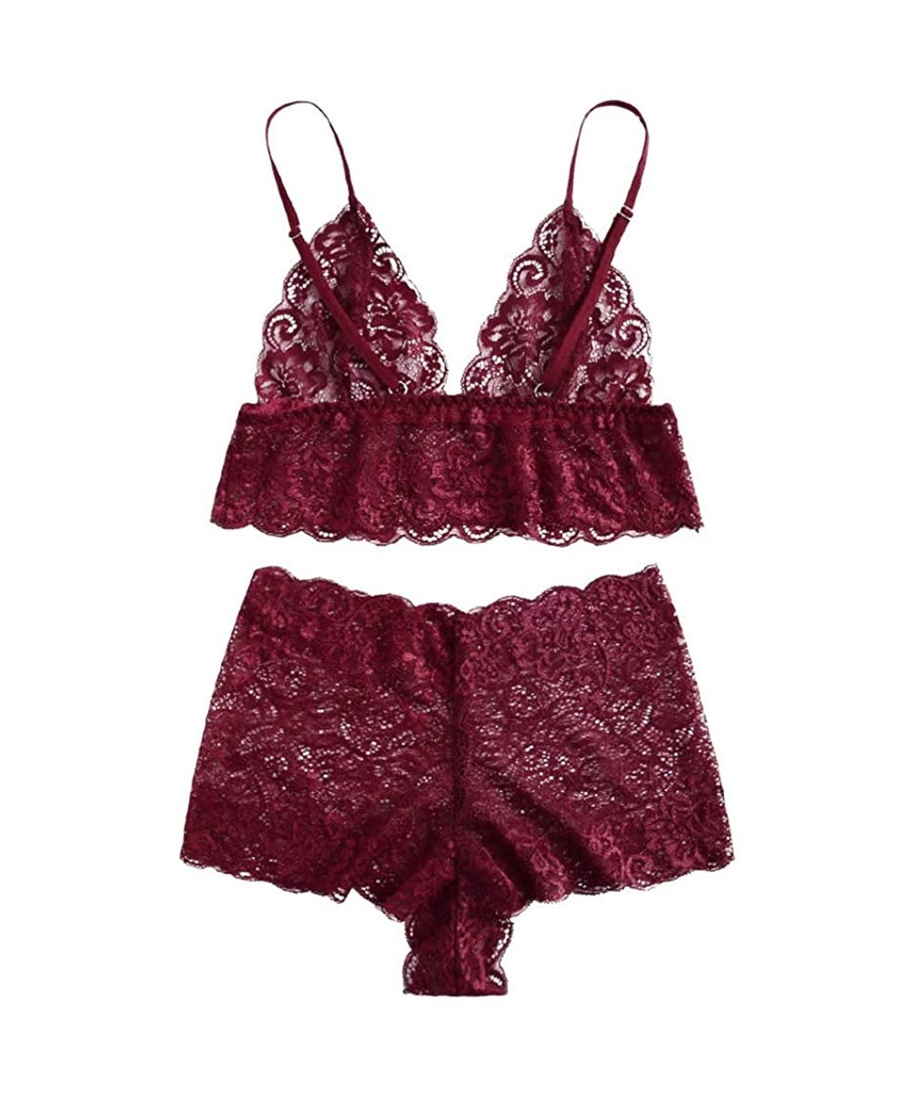 Shapewear Women Plus Size Eyelash Lace Babydoll Sexy Bra Lingerie Set - Wine - C118NQDCQCC