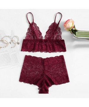 Shapewear Women Plus Size Eyelash Lace Babydoll Sexy Bra Lingerie Set - Wine - C118NQDCQCC