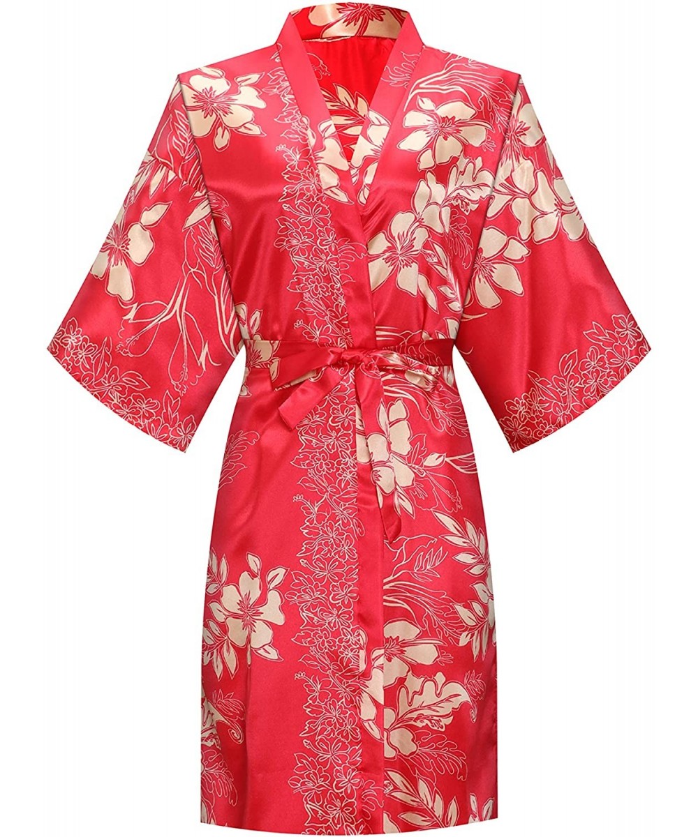 Robes Womens Mens One Size Silky Kimono Robe 3/4 Sleeve Satin Sleepwear Bathrobe Loungewear - Red Short - CN18UC8Y8KL