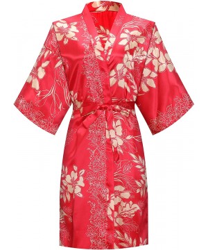 Robes Womens Mens One Size Silky Kimono Robe 3/4 Sleeve Satin Sleepwear Bathrobe Loungewear - Red Short - CN18UC8Y8KL