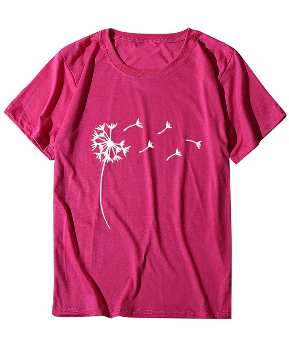 Nightgowns & Sleepshirts Women's Large Size Dandelion Print Round Neck Short Sleeve T-Shirt Top - Hot Pink - CQ1943NTMTT