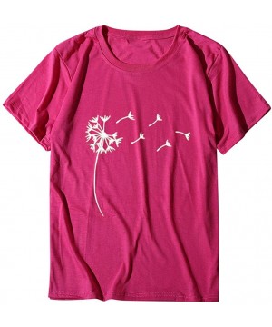 Nightgowns & Sleepshirts Women's Large Size Dandelion Print Round Neck Short Sleeve T-Shirt Top - Hot Pink - CQ1943NTMTT