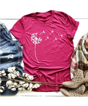 Nightgowns & Sleepshirts Women's Large Size Dandelion Print Round Neck Short Sleeve T-Shirt Top - Hot Pink - CQ1943NTMTT