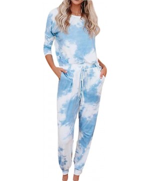 Sets Women Tie Dye Printed Long Pajamas Set Joggers Long Sleeve Tops Pants PJ Sets Sleepwear Loungewear - Light Blue - CN190H...