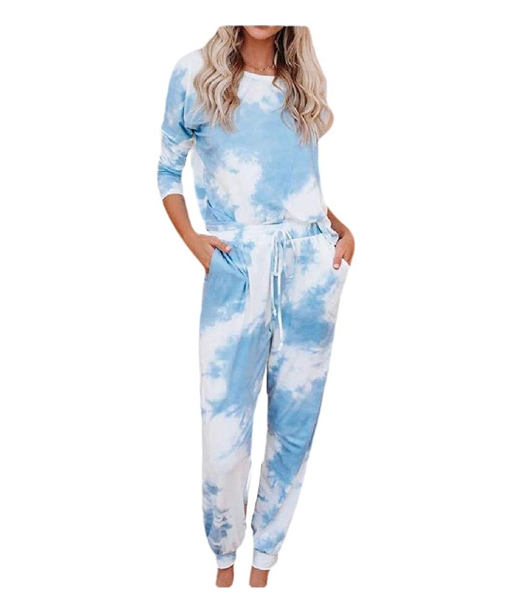 Sets Women Tie Dye Printed Long Pajamas Set Joggers Long Sleeve Tops Pants PJ Sets Sleepwear Loungewear - Light Blue - CN190H...