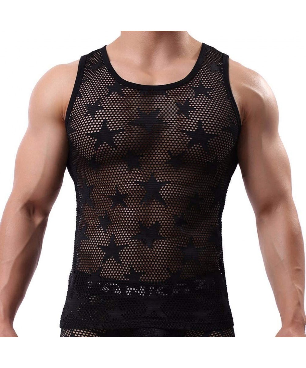 G-Strings & Thongs Men's Sexy Star Print Mesh Vest Erotic Tank Top Gay Fancy Dress Club Plus Size - Black - C518XLN8IOX