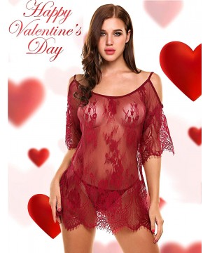 Baby Dolls & Chemises Women Chemises Lace Smock Lingerie Mini Babydoll S-4XL - Dark Red - CP19C9H7AYX