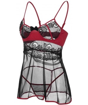 Slips Women Sleepwear Sexy Wireless Rimless Pajamas Lace Nightdress Silk Underwear - Wine Red - C61947X58YR