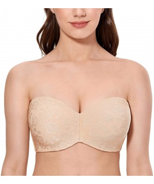 Bras Women's Strapless Bra Plus Size Floral Non-Padded Underwire Bra Minimizer - Beige - C518TWY0E55