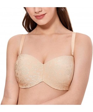 Bras Women's Strapless Bra Plus Size Floral Non-Padded Underwire Bra Minimizer - Beige - C518TWY0E55