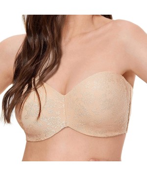 Bras Women's Strapless Bra Plus Size Floral Non-Padded Underwire Bra Minimizer - Beige - C518TWY0E55