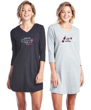 Nightgowns & Sleepshirts 3/4 Sleeve Junior Women's Night Shirt V Neck - 2pk Wine Time - CR18XYMDIHH