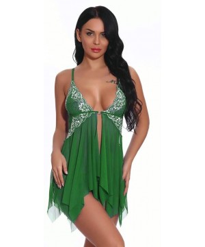 Baby Dolls & Chemises Lingerie for Women Front Closure Babydoll Lace V Neck Mesh Sleepwear Lingerie Set - Green - CS19CIY03Y8