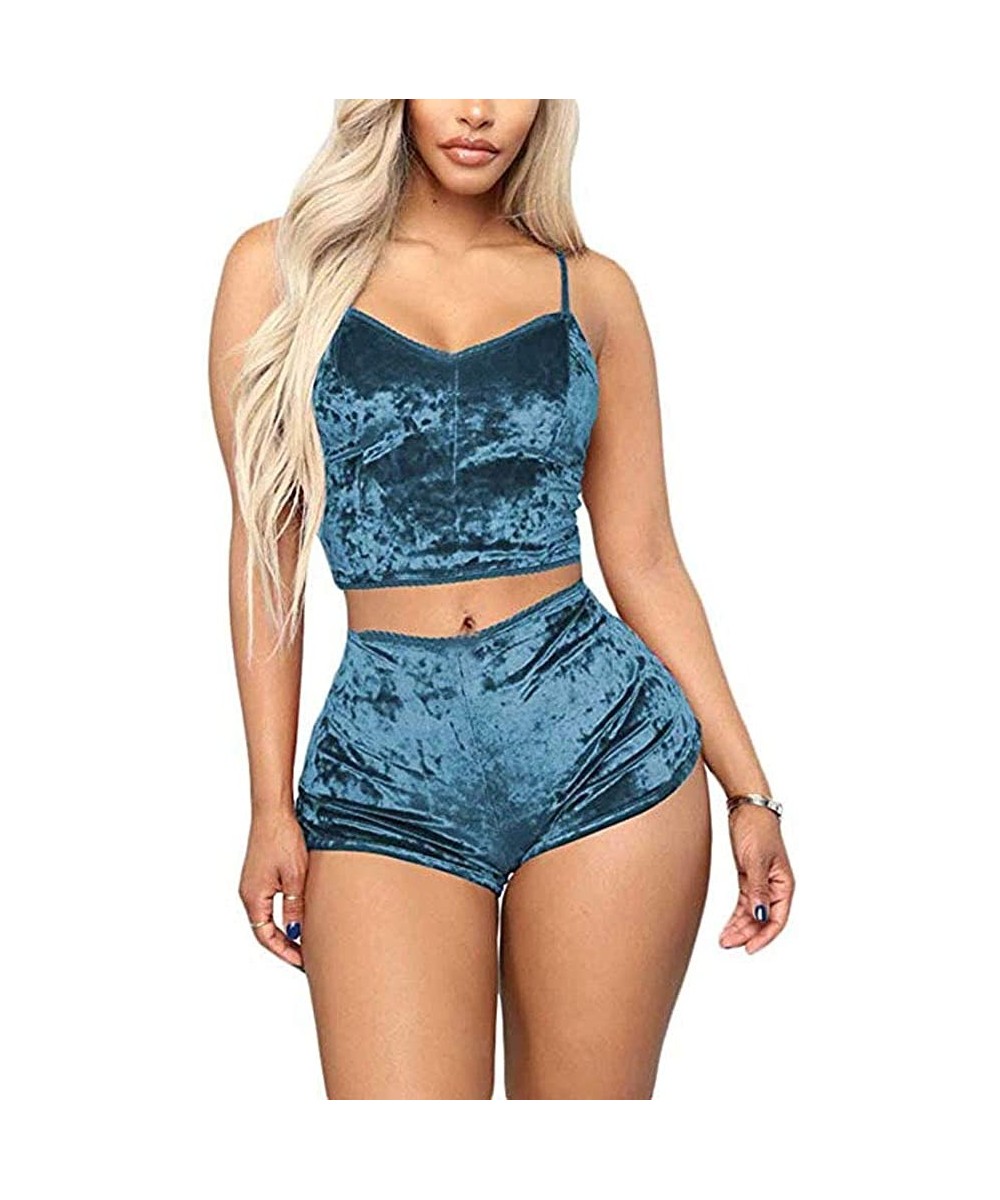 Sets Womens Sexy Velvet 2 Pieces Romper Outfit Spaghetti Strap Crop Top Camisole and Shorts Bottom Sleepwear Pajama Set O - C...