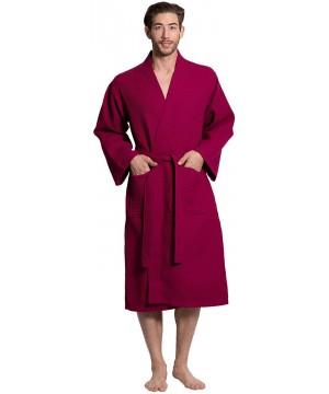 Robes Linen Men's Premium Cotton Blend Lightweight Long Waffle Kimono Bath and Spa Robe - Wine Red - C518YHDZCTN