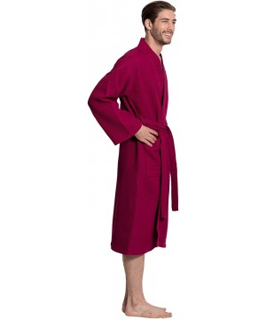 Robes Linen Men's Premium Cotton Blend Lightweight Long Waffle Kimono Bath and Spa Robe - Wine Red - C518YHDZCTN