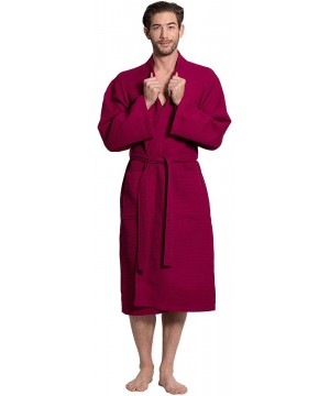 Robes Linen Men's Premium Cotton Blend Lightweight Long Waffle Kimono Bath and Spa Robe - Wine Red - C518YHDZCTN