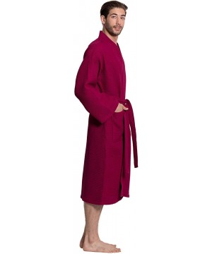 Robes Linen Men's Premium Cotton Blend Lightweight Long Waffle Kimono Bath and Spa Robe - Wine Red - C518YHDZCTN