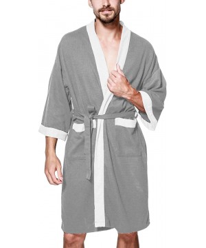 Robes Men's Waffle Bathrobe Cotton Soft Casual Spa Luxury Loungewear Hotel Pockets Robes - Grey1 - CP18WT3ZWES