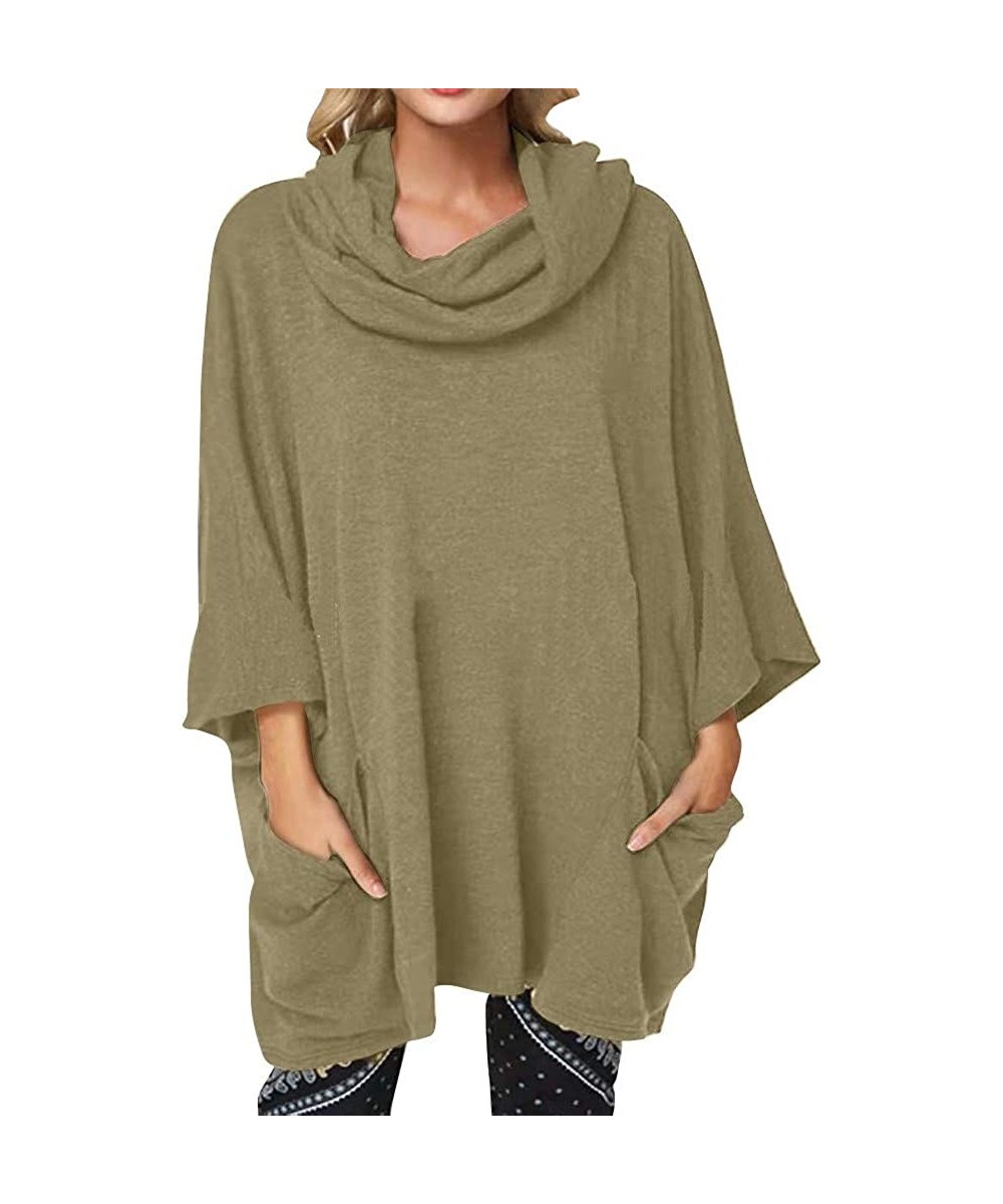 Accessories Casual Loose Long Sleeve Blouse Tops Cowl-Neck Asymmetrical Hemline Flowy Tunic Top - Khaki - CL192RM72IN