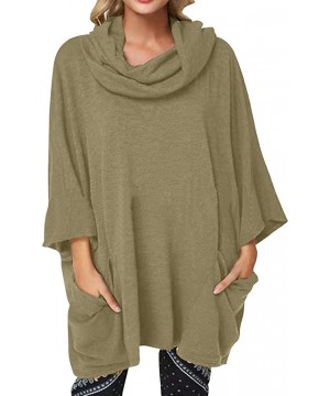 Accessories Casual Loose Long Sleeve Blouse Tops Cowl-Neck Asymmetrical Hemline Flowy Tunic Top - Khaki - CL192RM72IN