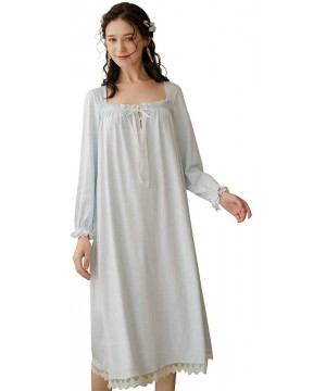 Nightgowns & Sleepshirts Women's Cotton Nightgown Short Sleeve Nightdress Vintage Victorian Nightwear SQW0002 - B-blue - CA19...