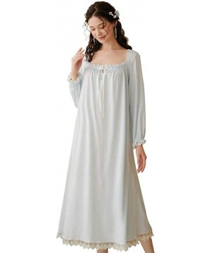 Nightgowns & Sleepshirts Women's Cotton Nightgown Short Sleeve Nightdress Vintage Victorian Nightwear SQW0002 - B-blue - CA19...