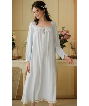 Nightgowns & Sleepshirts Women's Cotton Nightgown Short Sleeve Nightdress Vintage Victorian Nightwear SQW0002 - B-blue - CA19...