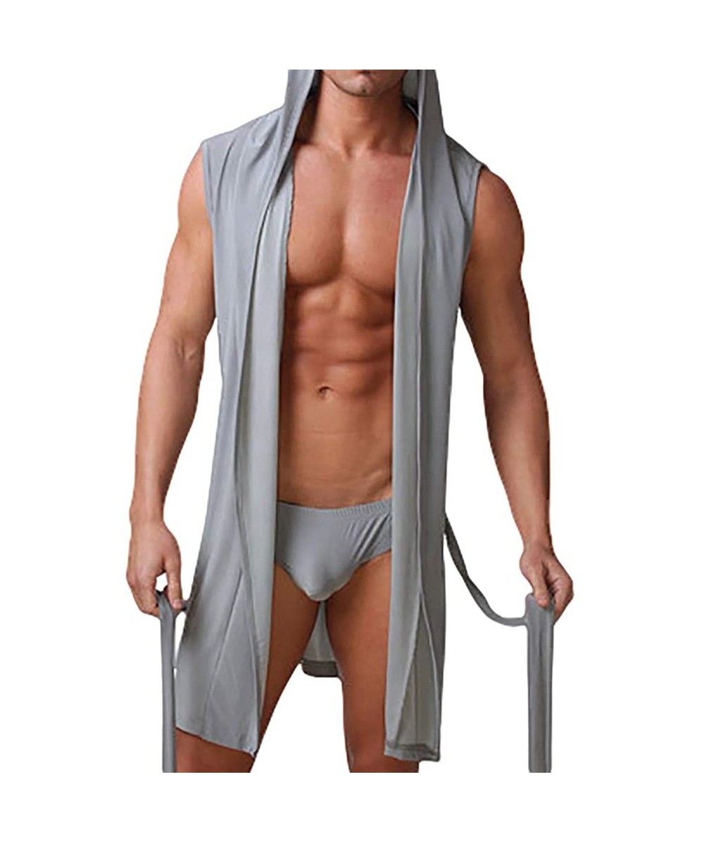 Robes Pajamas for Men Sleeveless Hooded Bathrobe Sleepwear Nightgown Spa Robe - Grey-l - CQ18Z2SN7XH