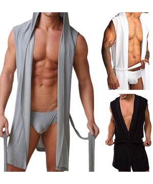 Robes Pajamas for Men Sleeveless Hooded Bathrobe Sleepwear Nightgown Spa Robe - Grey-l - CQ18Z2SN7XH