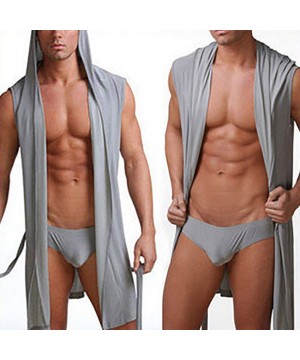 Robes Pajamas for Men Sleeveless Hooded Bathrobe Sleepwear Nightgown Spa Robe - Grey-l - CQ18Z2SN7XH