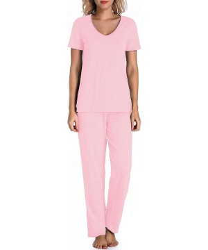 Sets Women's V-Neck Sleepwear Cotton Short Sleeve Pajama Set - Pink - CD190DOLAEZ