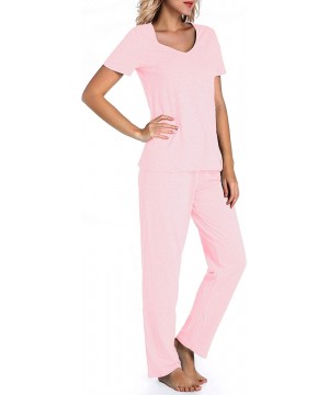 Sets Women's V-Neck Sleepwear Cotton Short Sleeve Pajama Set - Pink - CD190DOLAEZ