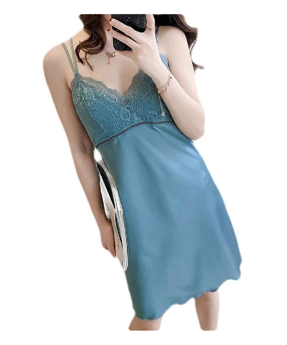 Nightgowns & Sleepshirts Women Sexy Sleepwear Lace Spaghetti Strap Satin Sleepwear Nightgown - 1 - C219CU0WQ7D