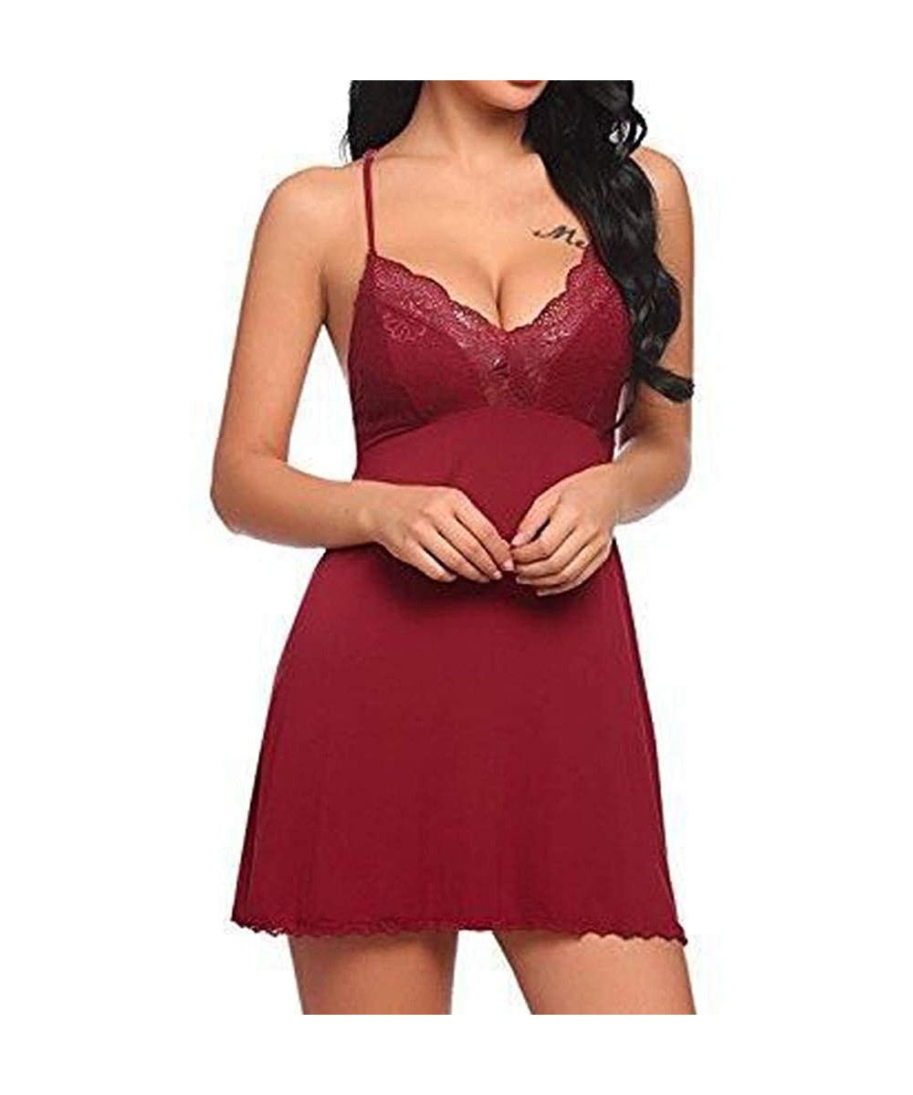 Slips Women's Sleepwear Slips Strap Nightgown V Neck Chemise Lace Lingerie Underwear - Wine Red - C118YEH725S